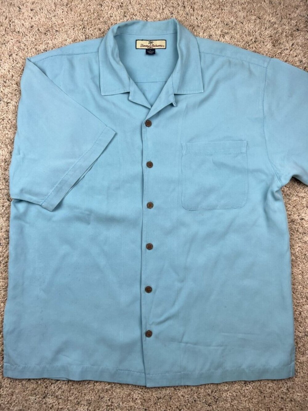 Tommy Bahama ALL SILK Button Up Shirt Men Large Blue Short Sleeve Casual HAWAII